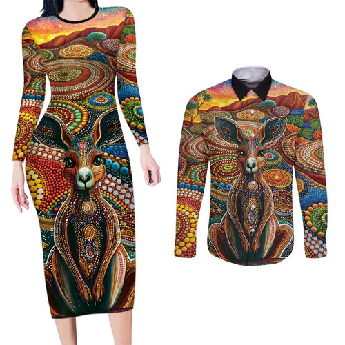 Australian Aboriginal Art Kangaroo Couples Matching Long Sleeve Bodycon Dress and Long Sleeve Button Shirt Looking Forward Looking Blak Aboriginal Dot Painting
