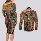 Australian Aboriginal Art Kangaroo Couples Matching Long Sleeve Bodycon Dress and Long Sleeve Button Shirt Looking Forward Looking Blak Aboriginal Dot Painting