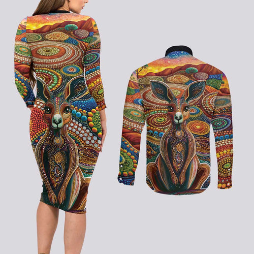 Australian Aboriginal Art Kangaroo Couples Matching Long Sleeve Bodycon Dress and Long Sleeve Button Shirt Looking Forward Looking Blak Aboriginal Dot Painting