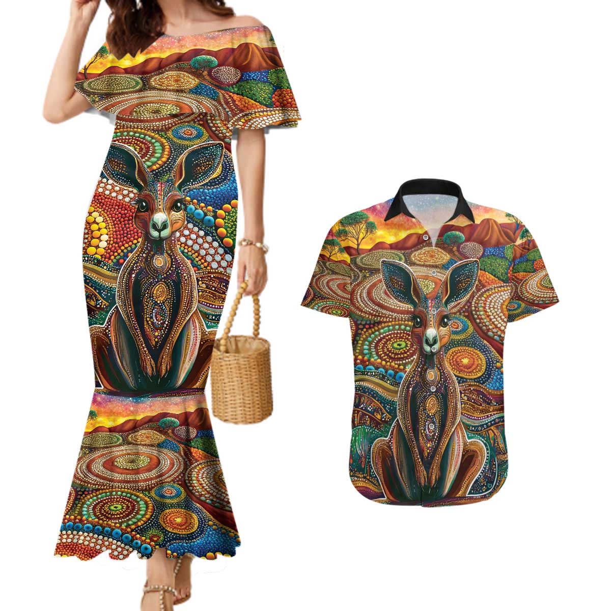 Australian Aboriginal Art Kangaroo Couples Matching Mermaid Dress and Hawaiian Shirt Looking Forward Looking Blak Aboriginal Dot Painting