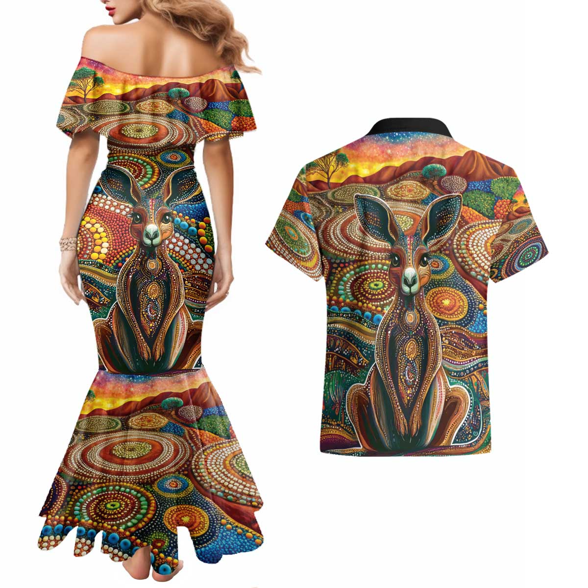 Australian Aboriginal Art Kangaroo Couples Matching Mermaid Dress and Hawaiian Shirt Looking Forward Looking Blak Aboriginal Dot Painting