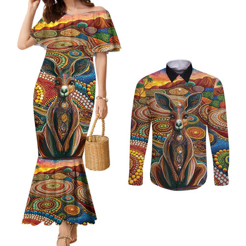 Australian Aboriginal Art Kangaroo Couples Matching Mermaid Dress and Long Sleeve Button Shirt Looking Forward Looking Blak Aboriginal Dot Painting