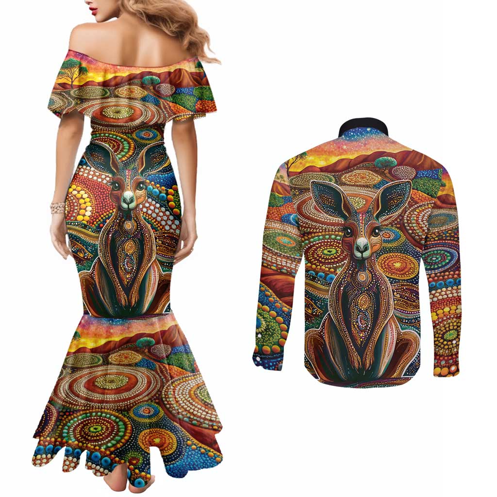 Australian Aboriginal Art Kangaroo Couples Matching Mermaid Dress and Long Sleeve Button Shirt Looking Forward Looking Blak Aboriginal Dot Painting