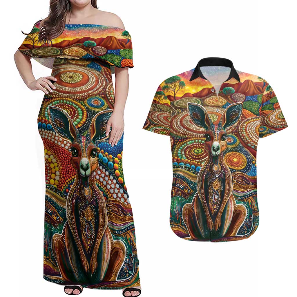 Australian Aboriginal Art Kangaroo Couples Matching Off Shoulder Maxi Dress and Hawaiian Shirt Looking Forward Looking Blak Aboriginal Dot Painting