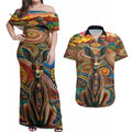 Australian Aboriginal Art Kangaroo Couples Matching Off Shoulder Maxi Dress and Hawaiian Shirt Looking Forward Looking Blak Aboriginal Dot Painting