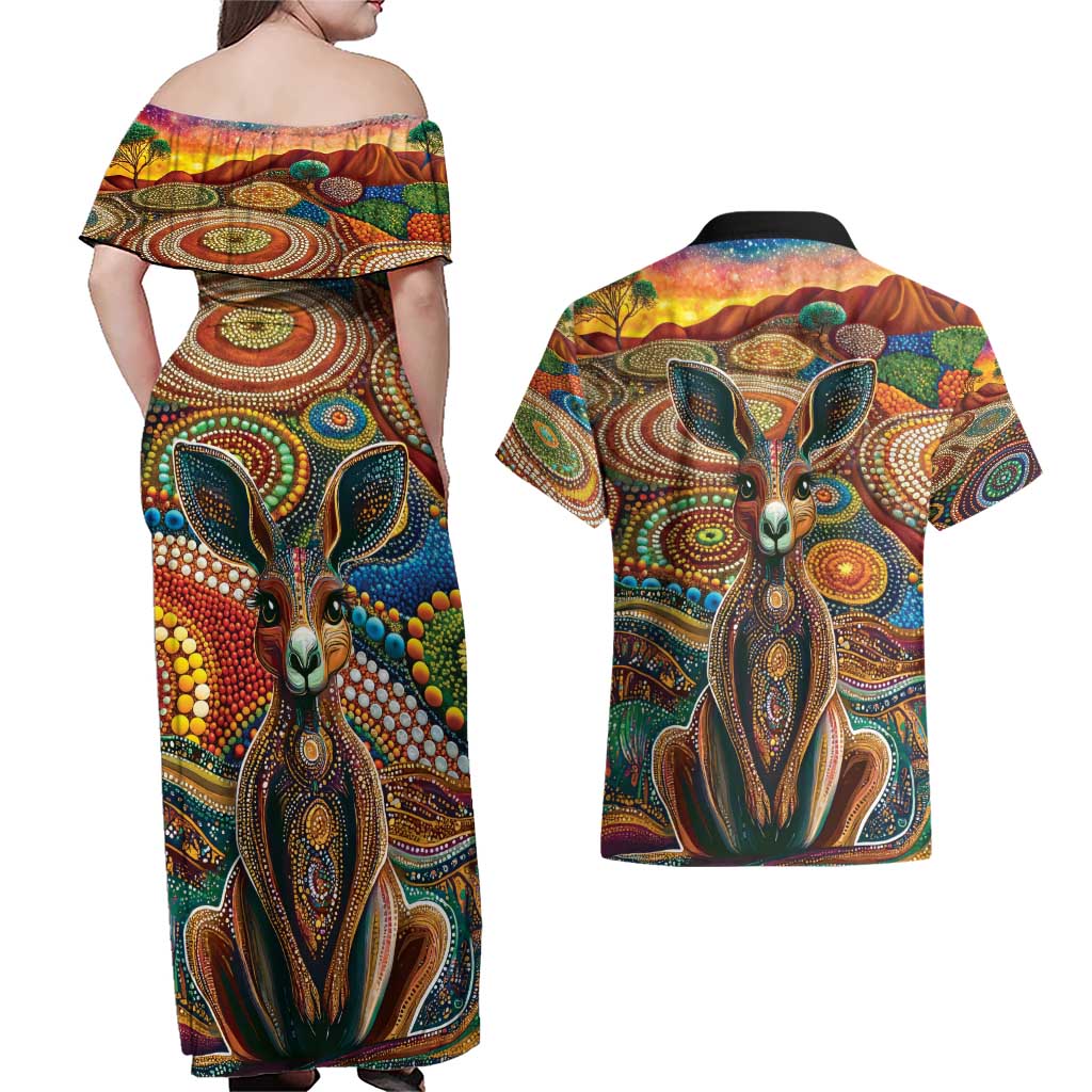 Australian Aboriginal Art Kangaroo Couples Matching Off Shoulder Maxi Dress and Hawaiian Shirt Looking Forward Looking Blak Aboriginal Dot Painting