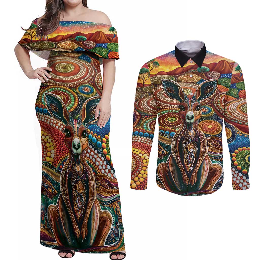 Australian Aboriginal Art Kangaroo Couples Matching Off Shoulder Maxi Dress and Long Sleeve Button Shirt Looking Forward Looking Blak Aboriginal Dot Painting