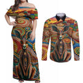Australian Aboriginal Art Kangaroo Couples Matching Off Shoulder Maxi Dress and Long Sleeve Button Shirt Looking Forward Looking Blak Aboriginal Dot Painting