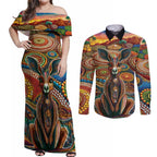 Australian Aboriginal Art Kangaroo Couples Matching Off Shoulder Maxi Dress and Long Sleeve Button Shirt Looking Forward Looking Blak Aboriginal Dot Painting