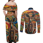 Australian Aboriginal Art Kangaroo Couples Matching Off Shoulder Maxi Dress and Long Sleeve Button Shirt Looking Forward Looking Blak Aboriginal Dot Painting