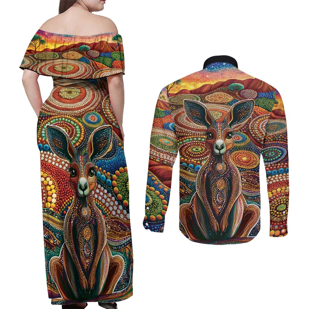 Australian Aboriginal Art Kangaroo Couples Matching Off Shoulder Maxi Dress and Long Sleeve Button Shirt Looking Forward Looking Blak Aboriginal Dot Painting