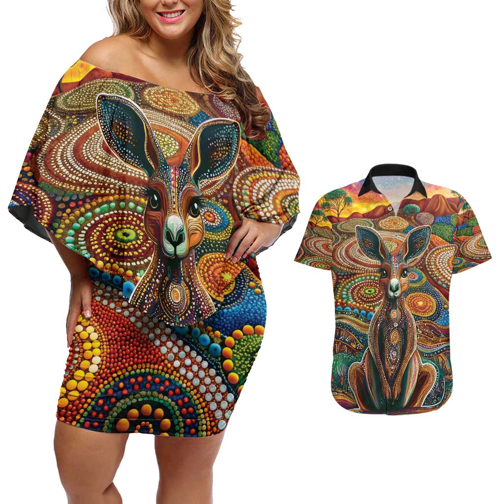 Australian Aboriginal Art Kangaroo Couples Matching Off Shoulder Short Dress and Hawaiian Shirt Looking Forward Looking Blak Aboriginal Dot Painting