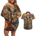Australian Aboriginal Art Kangaroo Couples Matching Off Shoulder Short Dress and Hawaiian Shirt Looking Forward Looking Blak Aboriginal Dot Painting