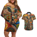 Australian Aboriginal Art Kangaroo Couples Matching Off Shoulder Short Dress and Hawaiian Shirt Looking Forward Looking Blak Aboriginal Dot Painting