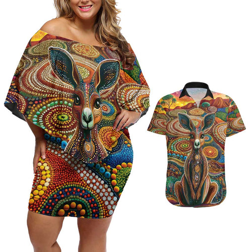 Australian Aboriginal Art Kangaroo Couples Matching Off Shoulder Short Dress and Hawaiian Shirt Looking Forward Looking Blak Aboriginal Dot Painting