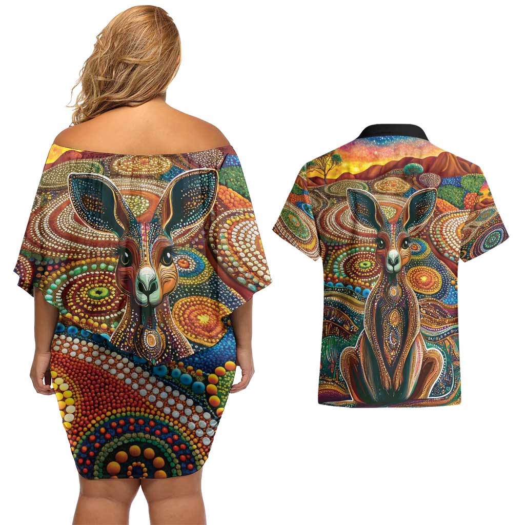 Australian Aboriginal Art Kangaroo Couples Matching Off Shoulder Short Dress and Hawaiian Shirt Looking Forward Looking Blak Aboriginal Dot Painting