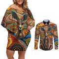 Australian Aboriginal Art Kangaroo Couples Matching Off Shoulder Short Dress and Long Sleeve Button Shirt Looking Forward Looking Blak Aboriginal Dot Painting