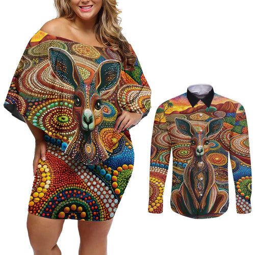 Australian Aboriginal Art Kangaroo Couples Matching Off Shoulder Short Dress and Long Sleeve Button Shirt Looking Forward Looking Blak Aboriginal Dot Painting