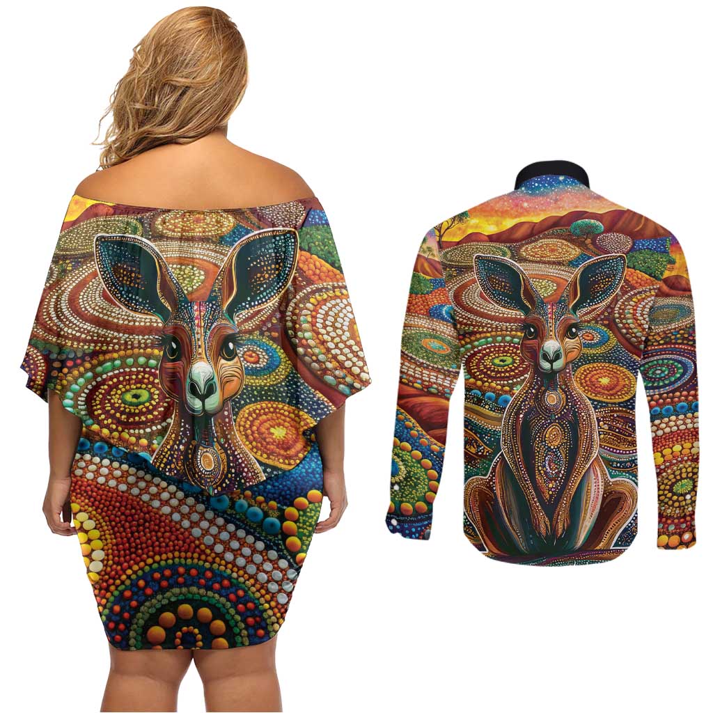 Australian Aboriginal Art Kangaroo Couples Matching Off Shoulder Short Dress and Long Sleeve Button Shirt Looking Forward Looking Blak Aboriginal Dot Painting