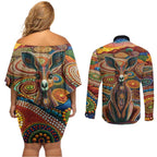 Australian Aboriginal Art Kangaroo Couples Matching Off Shoulder Short Dress and Long Sleeve Button Shirt Looking Forward Looking Blak Aboriginal Dot Painting