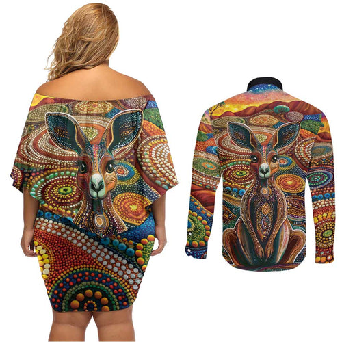 Australian Aboriginal Art Kangaroo Couples Matching Off Shoulder Short Dress and Long Sleeve Button Shirt Looking Forward Looking Blak Aboriginal Dot Painting
