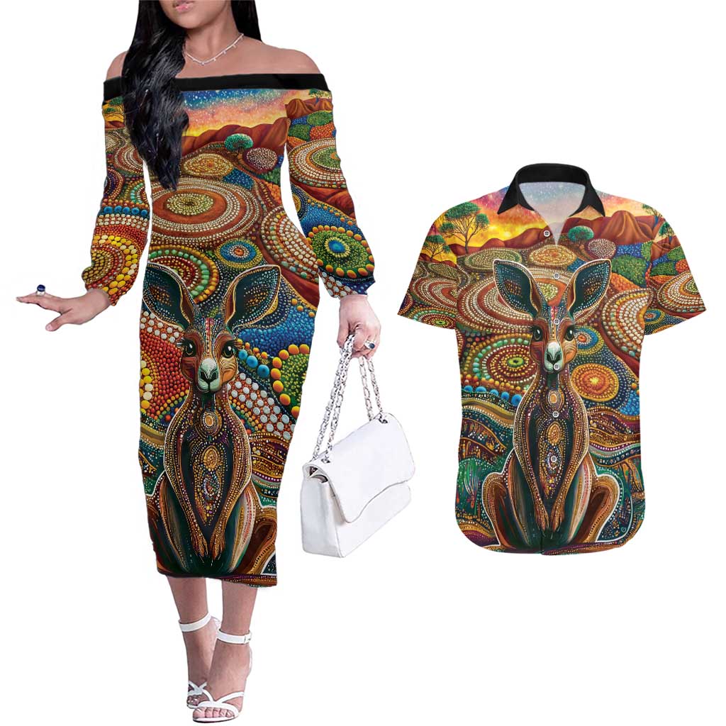 Australian Aboriginal Art Kangaroo Couples Matching Off The Shoulder Long Sleeve Dress and Hawaiian Shirt Looking Forward Looking Blak Aboriginal Dot Painting