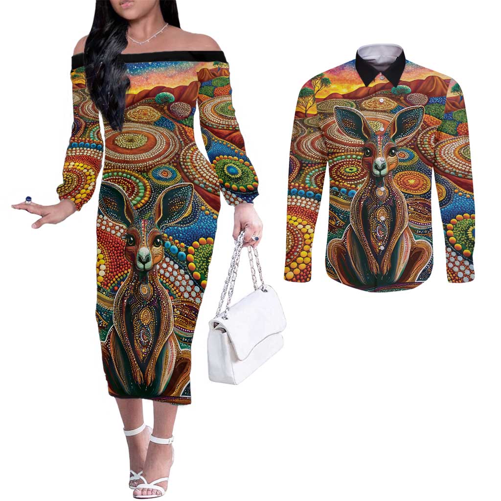 Australian Aboriginal Art Kangaroo Couples Matching Off The Shoulder Long Sleeve Dress and Long Sleeve Button Shirt Looking Forward Looking Blak Aboriginal Dot Painting