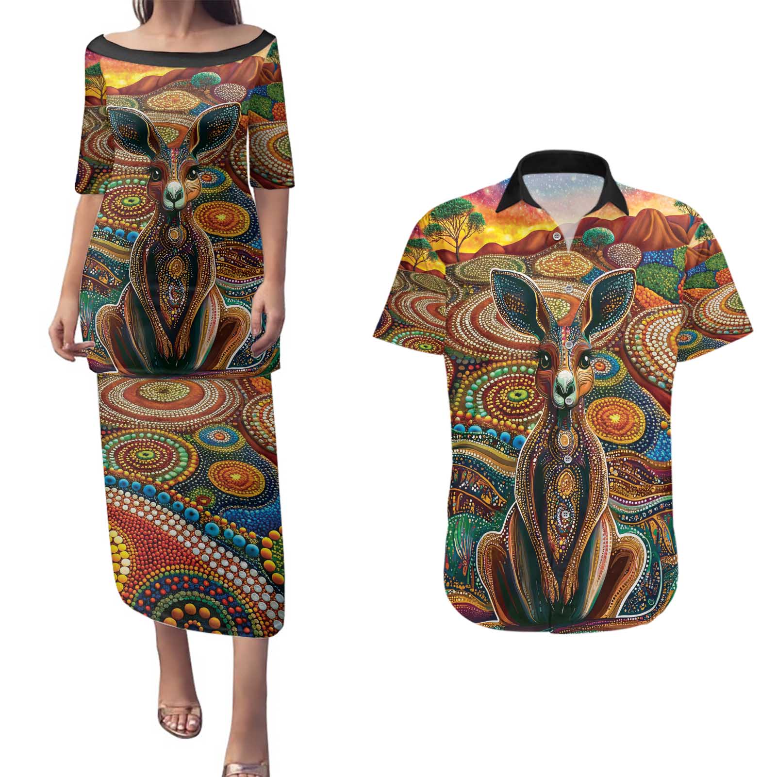 Australian Aboriginal Art Kangaroo Couples Matching Puletasi and Hawaiian Shirt Looking Forward Looking Blak Aboriginal Dot Painting