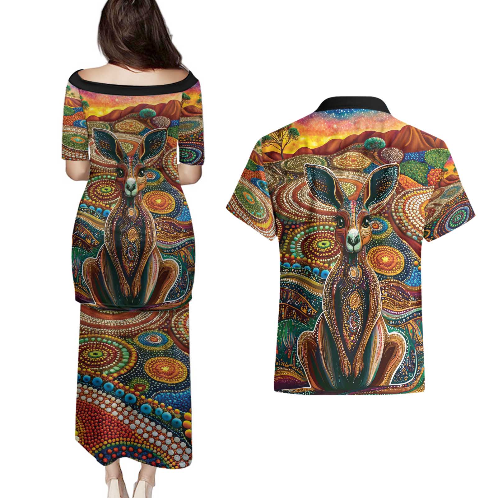 Australian Aboriginal Art Kangaroo Couples Matching Puletasi and Hawaiian Shirt Looking Forward Looking Blak Aboriginal Dot Painting