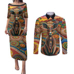 Australian Aboriginal Art Kangaroo Couples Matching Puletasi and Long Sleeve Button Shirt Looking Forward Looking Blak Aboriginal Dot Painting