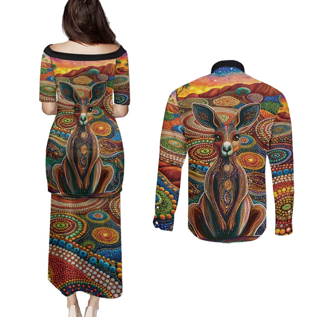 Australian Aboriginal Art Kangaroo Couples Matching Puletasi and Long Sleeve Button Shirt Looking Forward Looking Blak Aboriginal Dot Painting