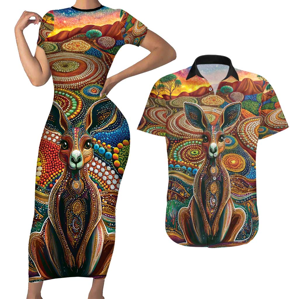 Australian Aboriginal Art Kangaroo Couples Matching Short Sleeve Bodycon Dress and Hawaiian Shirt Looking Forward Looking Blak Aboriginal Dot Painting