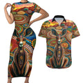 Australian Aboriginal Art Kangaroo Couples Matching Short Sleeve Bodycon Dress and Hawaiian Shirt Looking Forward Looking Blak Aboriginal Dot Painting