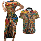 Australian Aboriginal Art Kangaroo Couples Matching Short Sleeve Bodycon Dress and Hawaiian Shirt Looking Forward Looking Blak Aboriginal Dot Painting