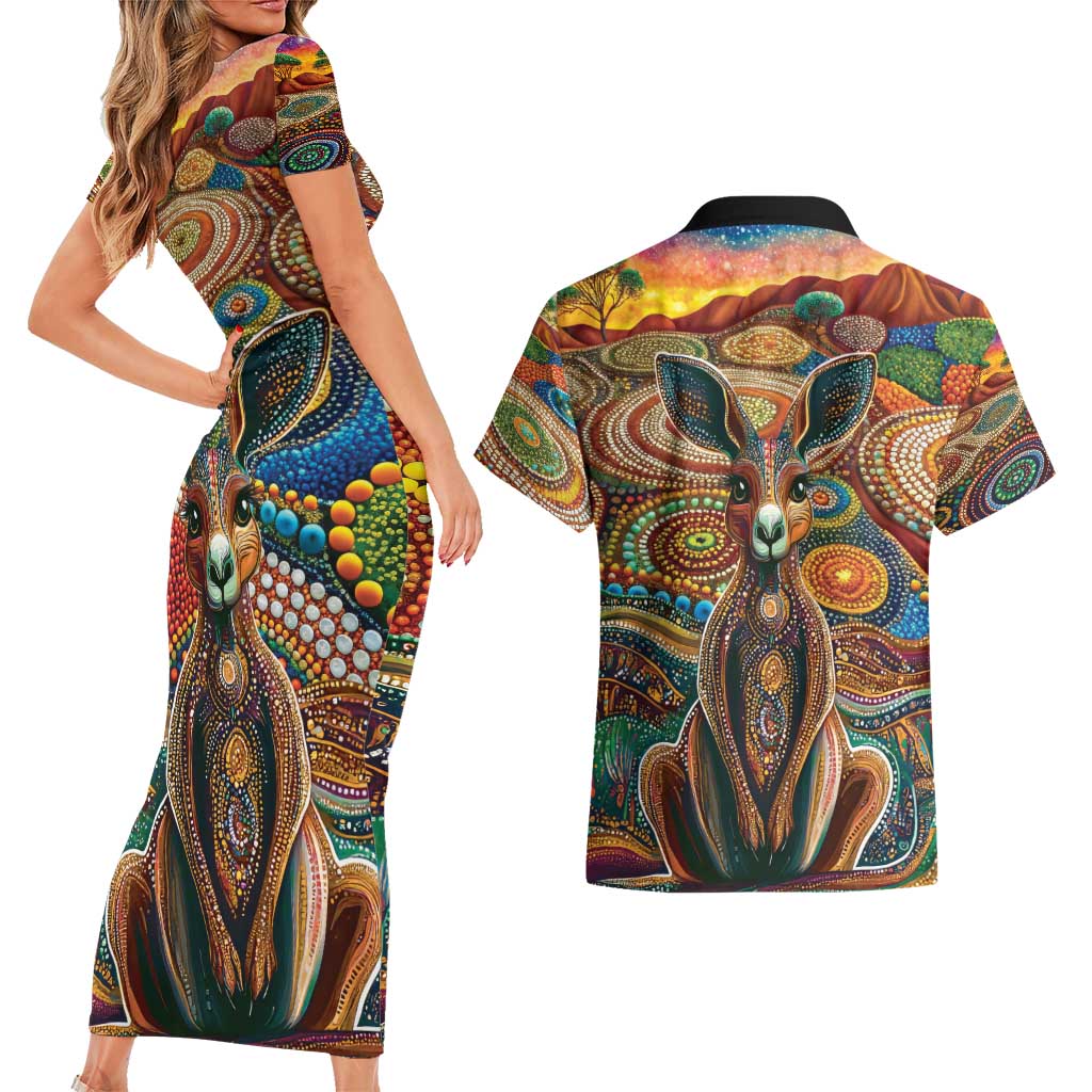 Australian Aboriginal Art Kangaroo Couples Matching Short Sleeve Bodycon Dress and Hawaiian Shirt Looking Forward Looking Blak Aboriginal Dot Painting