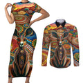 Australian Aboriginal Art Kangaroo Couples Matching Short Sleeve Bodycon Dress and Long Sleeve Button Shirt Looking Forward Looking Blak Aboriginal Dot Painting