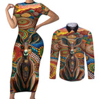Australian Aboriginal Art Kangaroo Couples Matching Short Sleeve Bodycon Dress and Long Sleeve Button Shirt Looking Forward Looking Blak Aboriginal Dot Painting