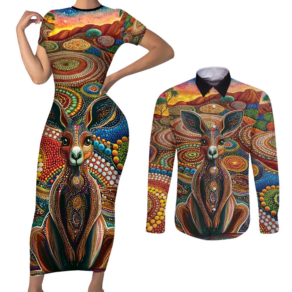 Australian Aboriginal Art Kangaroo Couples Matching Short Sleeve Bodycon Dress and Long Sleeve Button Shirt Looking Forward Looking Blak Aboriginal Dot Painting