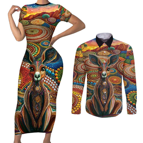 Australian Aboriginal Art Kangaroo Couples Matching Short Sleeve Bodycon Dress and Long Sleeve Button Shirt Looking Forward Looking Blak Aboriginal Dot Painting