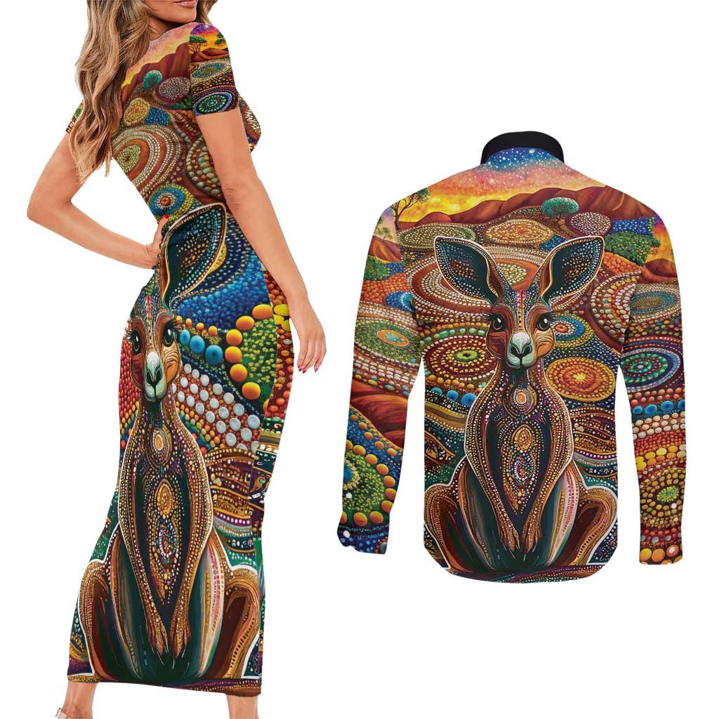 Australian Aboriginal Art Kangaroo Couples Matching Short Sleeve Bodycon Dress and Long Sleeve Button Shirt Looking Forward Looking Blak Aboriginal Dot Painting
