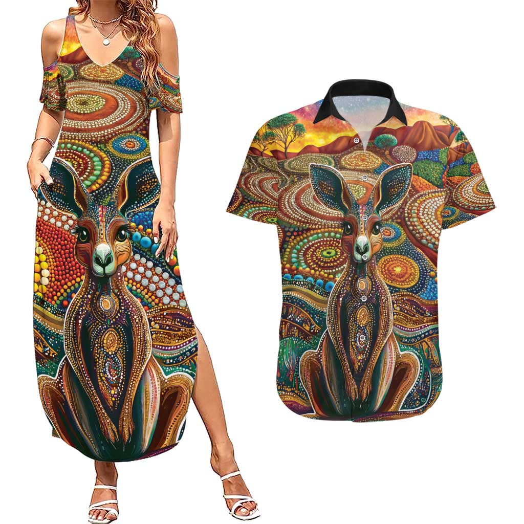 Australian Aboriginal Art Kangaroo Couples Matching Summer Maxi Dress and Hawaiian Shirt Looking Forward Looking Blak Aboriginal Dot Painting