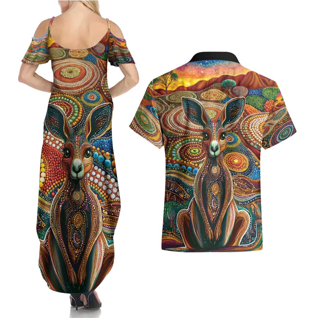 Australian Aboriginal Art Kangaroo Couples Matching Summer Maxi Dress and Hawaiian Shirt Looking Forward Looking Blak Aboriginal Dot Painting