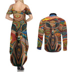 Australian Aboriginal Art Kangaroo Couples Matching Summer Maxi Dress and Long Sleeve Button Shirt Looking Forward Looking Blak Aboriginal Dot Painting