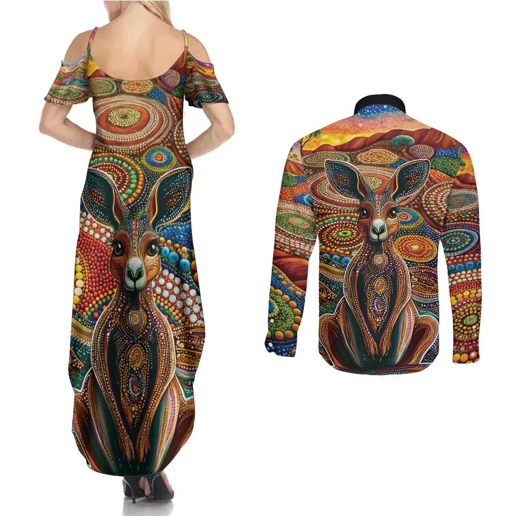 Australian Aboriginal Art Kangaroo Couples Matching Summer Maxi Dress and Long Sleeve Button Shirt Looking Forward Looking Blak Aboriginal Dot Painting