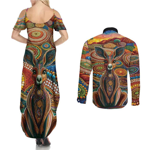Australian Aboriginal Art Kangaroo Couples Matching Summer Maxi Dress and Long Sleeve Button Shirt Looking Forward Looking Blak Aboriginal Dot Painting
