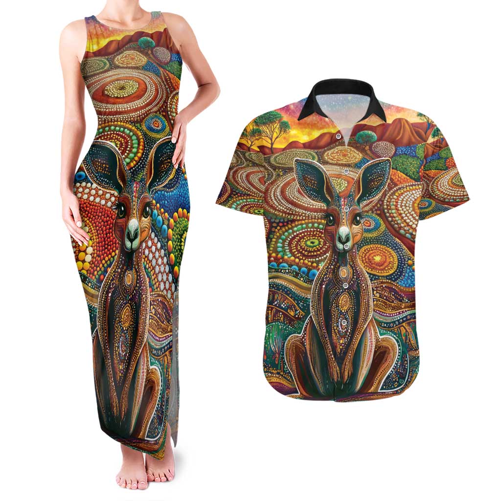 Australian Aboriginal Art Kangaroo Couples Matching Tank Maxi Dress and Hawaiian Shirt Looking Forward Looking Blak Aboriginal Dot Painting