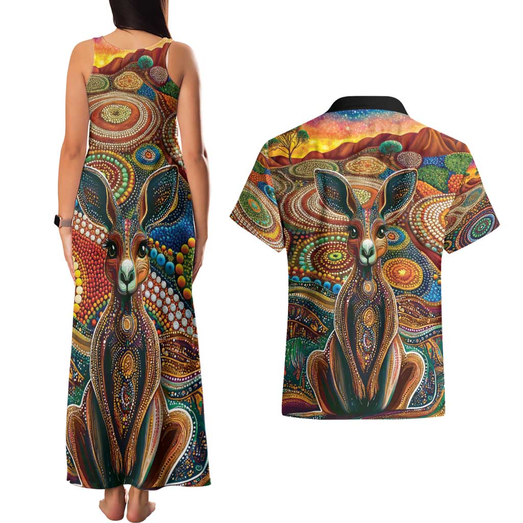 Australian Aboriginal Art Kangaroo Couples Matching Tank Maxi Dress and Hawaiian Shirt Looking Forward Looking Blak Aboriginal Dot Painting