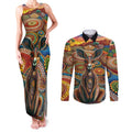 Australian Aboriginal Art Kangaroo Couples Matching Tank Maxi Dress and Long Sleeve Button Shirt Looking Forward Looking Blak Aboriginal Dot Painting