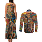 Australian Aboriginal Art Kangaroo Couples Matching Tank Maxi Dress and Long Sleeve Button Shirt Looking Forward Looking Blak Aboriginal Dot Painting