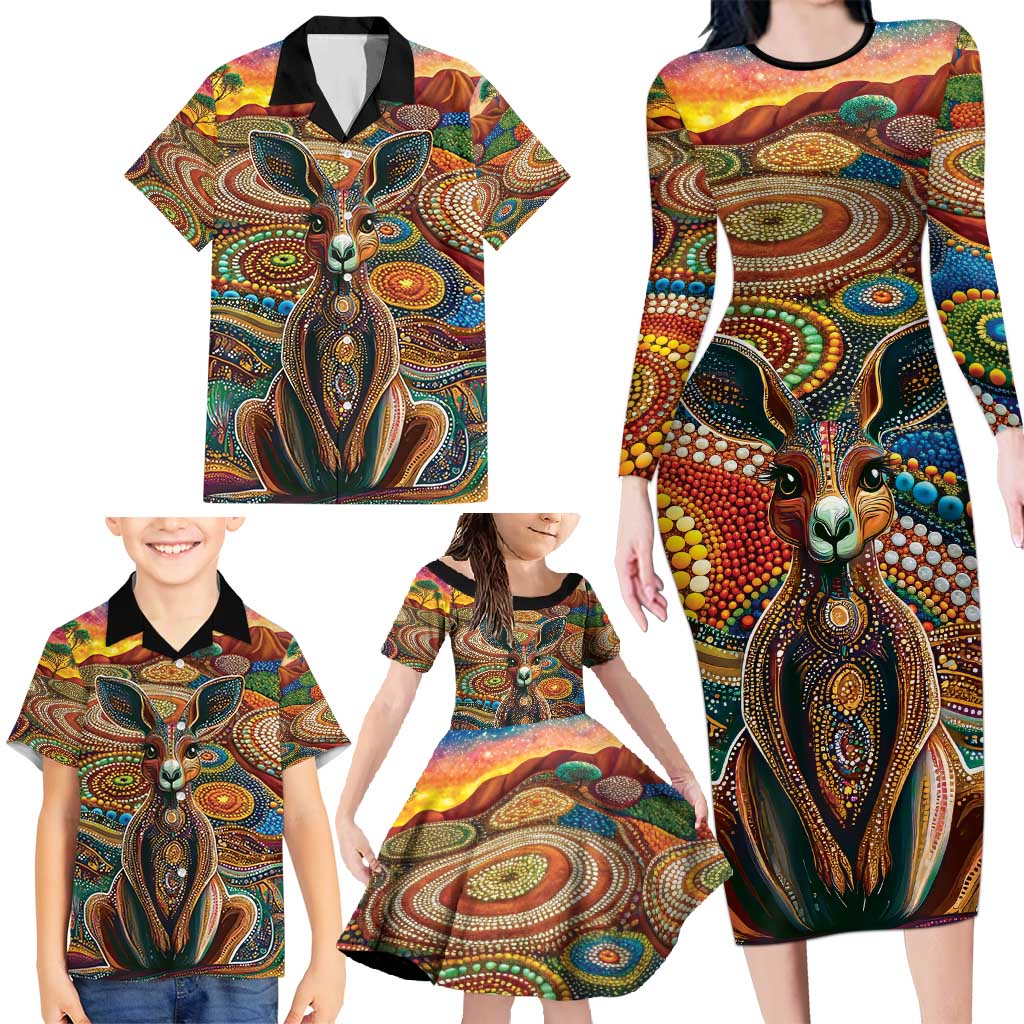 Australian Aboriginal Art Kangaroo Family Matching Long Sleeve Bodycon Dress and Hawaiian Shirt Looking Forward Looking Blak Aboriginal Dot Painting